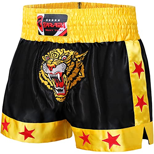 Farabi Sports Muay Thai Shorts Kick Boxing Training Corto de satén con Bordado de Tigre (Black/Gold, L)