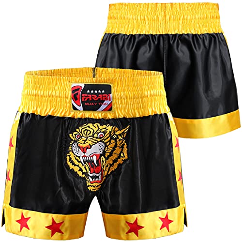 Farabi Sports Muay Thai Shorts Kick Boxing Training Corto de satén con Bordado de Tigre (Black/Gold, L)