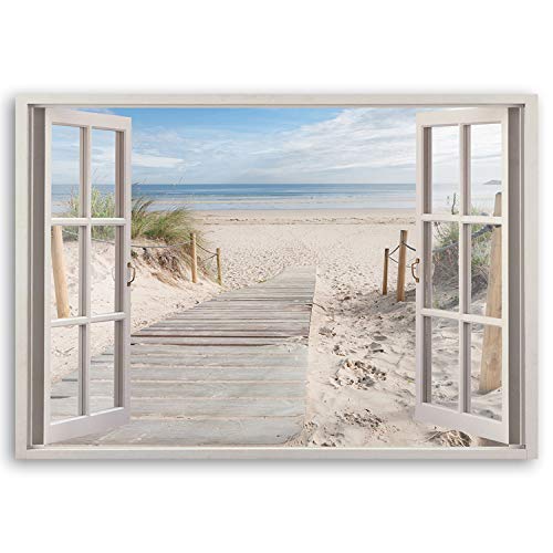 Feeby Cuadro en Lienzo Playa Calidad Fotografica 3D Ventana 120x80 cm Beige