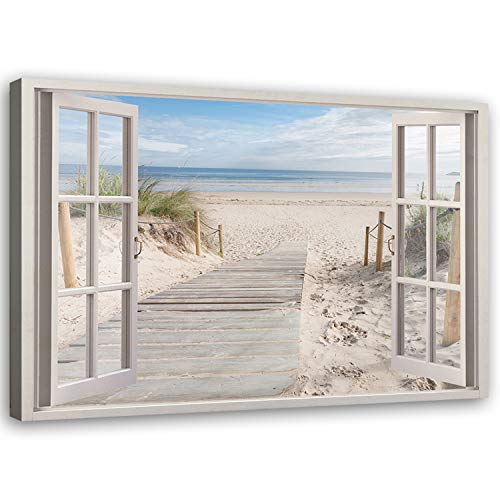 Feeby Cuadro en Lienzo Playa Calidad Fotografica 3D Ventana 120x80 cm Beige