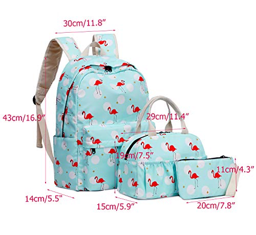 FEIGE Mochila Escolar Juvenil, Set de Mochilas con Bolsa del Almuerzo y Estuches, Mochila Adolescente con Flamencos 3 Pcs Azzurro