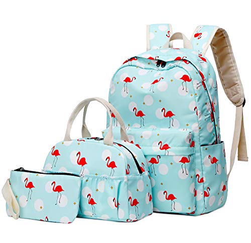 FEIGE Mochila Escolar Juvenil, Set de Mochilas con Bolsa del Almuerzo y Estuches, Mochila Adolescente con Flamencos 3 Pcs Azzurro