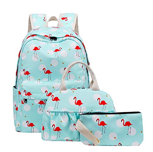 FEIGE Mochila Escolar Juvenil, Set de Mochilas con Bolsa del Almuerzo y Estuches, Mochila Adolescente con Flamencos 3 Pcs Azzurro