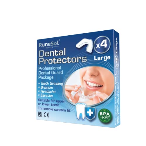 Ferula dental para bruxismo (4 x Grande), 100% libre de BPA, Tecnología de fácil moldeado, Protectores dentales, Protector dental para evitar el rechinamiento, Protector Bucal para Dormir