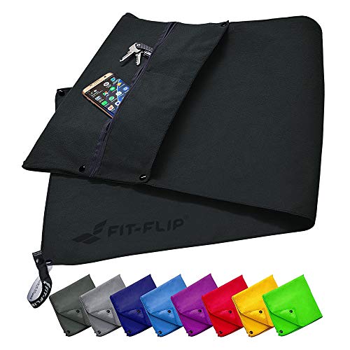 Fit-Flip Juego de Toallas Fitness con Compartimento con Cremallera + Clip magnético + Toalla de Deporte Extra – Toalla Multi Funcional Pendiente de Patente, Toalla de Microfibra – Negro