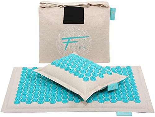 Fitem – Set de acupresión de alta gama y ecológico, esterilla de acupresión + cojín + bolsa, alivio del dolor de espalda y cuello, relajación muscular y estimuladores patentados