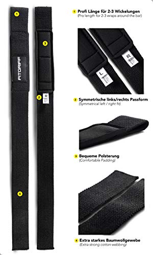 Fitgriff® Straps Powerlifting, Levantamiento de Pesas, Agarres para Gym, Agarraderas Gimnasio, Peso Muerto - Lifting Straps - Mujeres y Hombres - Black