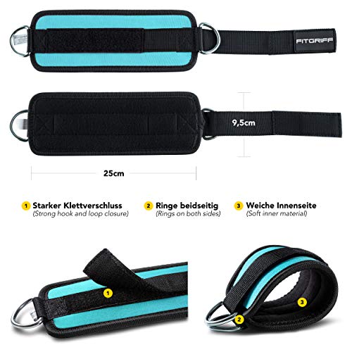 Fitgriff® Tobillera para Polea (Acolchado)- 2 Piezas Correas Tobillos Gym Cable Maquinas, Gimnasio, Fitness - Mujeres y Hombres (Cyan)