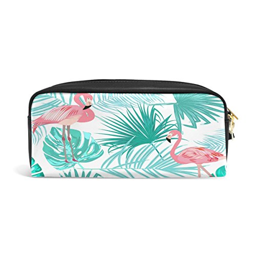 Flamingo Palm - Estuche para lápices, diseño de hojas de flamenco impresas, bolsa de viaje de maquillaje, gran capacidad, piel impermeable, 2 compartimentos para niñas, niños, mujeres y hombres