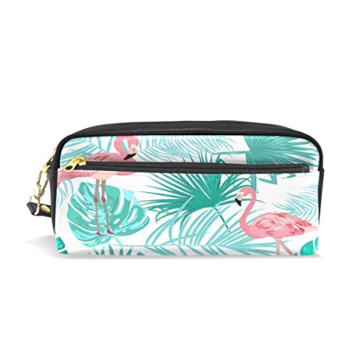 Flamingo Palm - Estuche para lápices, diseño de hojas de flamenco impresas, bolsa de viaje de maquillaje, gran capacidad, piel impermeable, 2 compartimentos para niñas, niños, mujeres y hombres