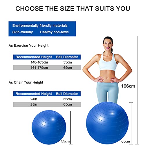 Flintronic Fitness Pelota de Ejercicio, 65cm Fitball, Pilates, Embarazo y Sentarse,Equilibrio, Entrenamiento （ Incluye Caja de Color Manual de Instrucciones,Bomba de Aire）,Azul 65cm