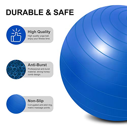 Flintronic Fitness Pelota de Ejercicio, 65cm Fitball, Pilates, Embarazo y Sentarse,Equilibrio, Entrenamiento （ Incluye Caja de Color Manual de Instrucciones,Bomba de Aire）,Azul 65cm