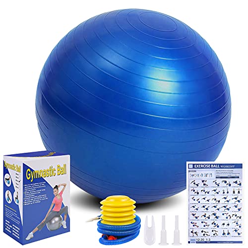 Flintronic Fitness Pelota de Ejercicio, 65cm Fitball, Pilates, Embarazo y Sentarse,Equilibrio, Entrenamiento （ Incluye Caja de Color Manual de Instrucciones,Bomba de Aire）,Azul 65cm