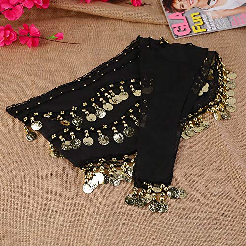 FLOFIA 1pc Cinturón Danza del Vientre Mujer Bufanda Pañuelo de cCintura Cadera Falda para Danza Baile Oriental con 128 Monedas Lentejuelas Belly Dance Scarf Belt - Negro