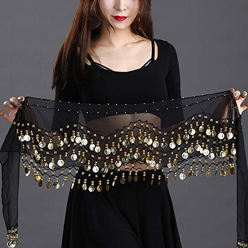 FLOFIA 1pc Cinturón Danza del Vientre Mujer Bufanda Pañuelo de cCintura Cadera Falda para Danza Baile Oriental con 128 Monedas Lentejuelas Belly Dance Scarf Belt - Negro