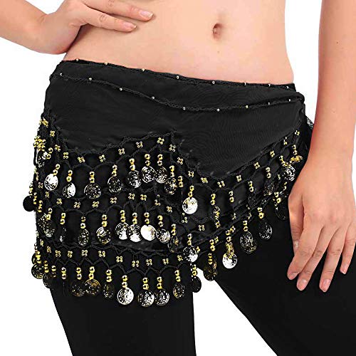 FLOFIA 1pc Cinturón Danza del Vientre Mujer Bufanda Pañuelo de cCintura Cadera Falda para Danza Baile Oriental con 128 Monedas Lentejuelas Belly Dance Scarf Belt - Negro