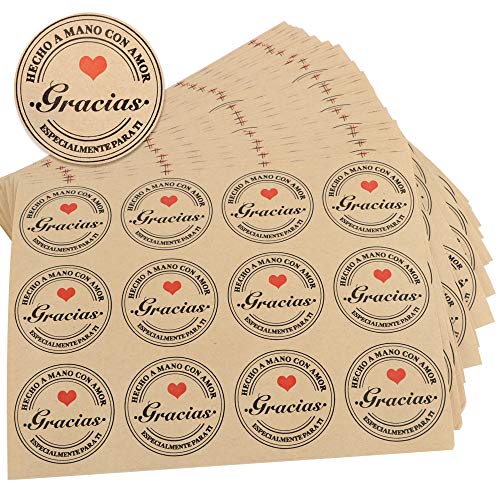 FLOFIA 300pcs Pegatinas Etiquetas Adhesivas Estampadas Hecho a Mano con Amor Gracias Especialmente para Ti de Papel Kraft Marrones Galletas Mermeladas Navidad Regalo Recuerdo Boda Cumpleaños, Diá. 4cm