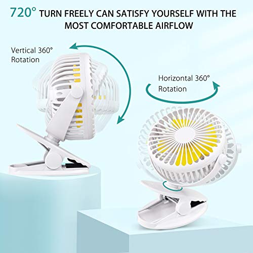 Foseal Ventilador USB, Portatil Mini USB Ventilador Mesa silencioso con Clip, 3 velocidades, rotación de 360 ° Potente Ventilador USB con Batería Recargable para Escritorio, Coche, Cama, Cochecito