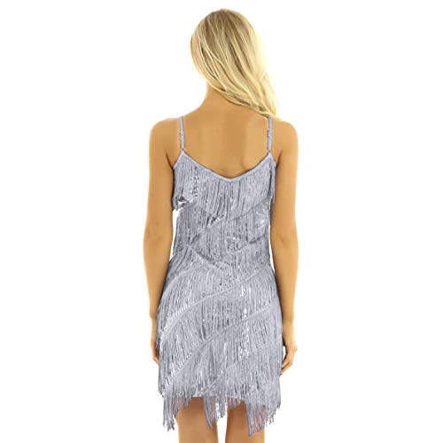 Freebily Vestido de Baile Latino para Mujer Vestido Clásica Tango con Lentejuelas Brillante y Flecos Vestido Baile Sexy Fiesta Carnaval Mujer Silver-Gray Talla única