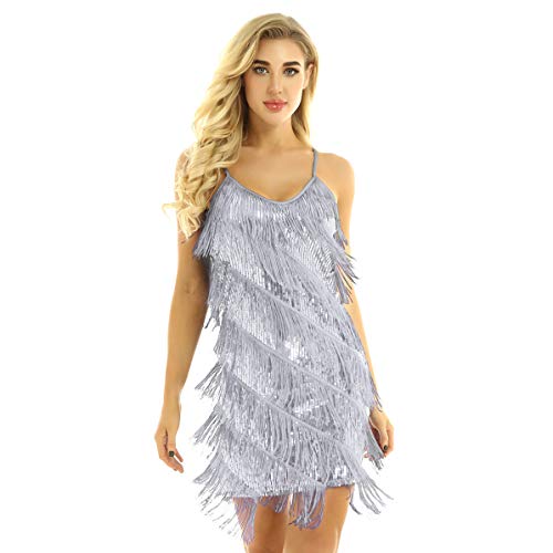 Freebily Vestido de Baile Latino para Mujer Vestido Clásica Tango con Lentejuelas Brillante y Flecos Vestido Baile Sexy Fiesta Carnaval Mujer Silver-Gray Talla única