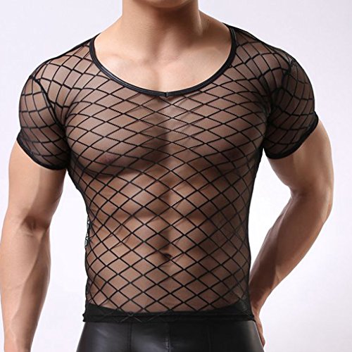 Gazechimp Camiseta de Malla Transparente Chaleco con Manga Corta Ropa Interior de Apretada Muscular Ajuste para Hombres de Negro - Negro, L