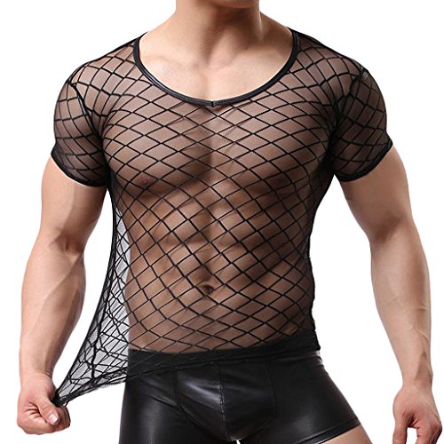 Gazechimp Camiseta de Malla Transparente Chaleco con Manga Corta Ropa Interior de Apretada Muscular Ajuste para Hombres de Negro - Negro, L