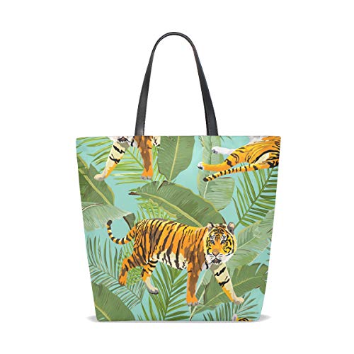 GIGIJY - Bolso de mano con diseño de tigre tropical y hojas de palma, tamaño grande para mujer