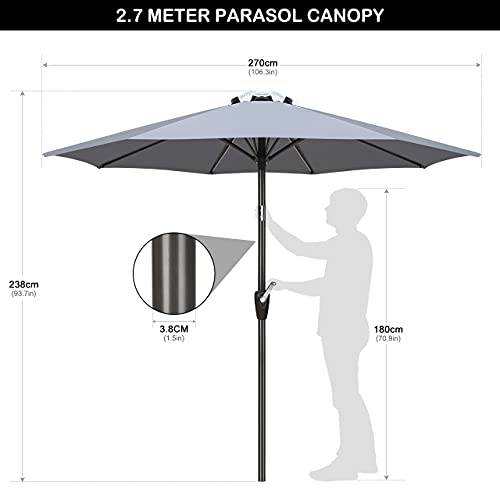 GIKPAL Sombrilla Terraza, 2.7M Parasol de Jardín Grande Sombrilla Playa Protección UV con Manivela y Botón de Inclinación para Terraza Patio Jardín Exterior, Gris