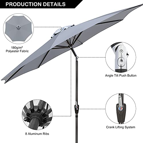 GIKPAL Sombrilla Terraza, 2.7M Parasol de Jardín Grande Sombrilla Playa Protección UV con Manivela y Botón de Inclinación para Terraza Patio Jardín Exterior, Gris