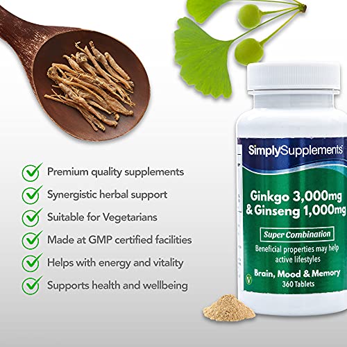 Ginkgo Biloba y Ginseng Coreano- ¡Bote para 6 meses! - Apto para veganos - 360 Comprimidos - SimplySupplements