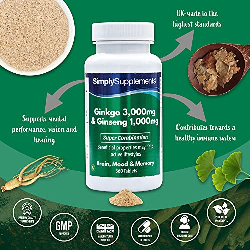 Ginkgo Biloba y Ginseng Coreano- ¡Bote para 6 meses! - Apto para veganos - 360 Comprimidos - SimplySupplements