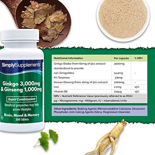 Ginkgo Biloba y Ginseng Coreano- ¡Bote para 6 meses! - Apto para veganos - 360 Comprimidos - SimplySupplements