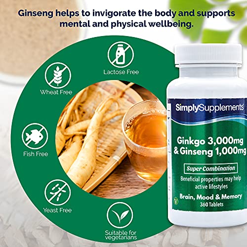 Ginkgo Biloba y Ginseng Coreano- ¡Bote para 6 meses! - Apto para veganos - 360 Comprimidos - SimplySupplements