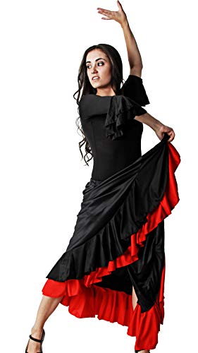 Gojoy shop- Traje Profesional de Baile Danza Flamenco o Sevillanas para Mujer de 2 Piezas (Contiene Body con Doble Volante en Manga y Falda en 6 Colores Disponibles) (Rojo, 7-8 años)