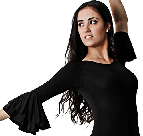 Gojoy shop- Traje Profesional de Baile Danza Flamenco o Sevillanas para Mujer de 2 Piezas (Contiene Body con Doble Volante en Manga y Falda en 6 Colores Disponibles) (Rojo, L)