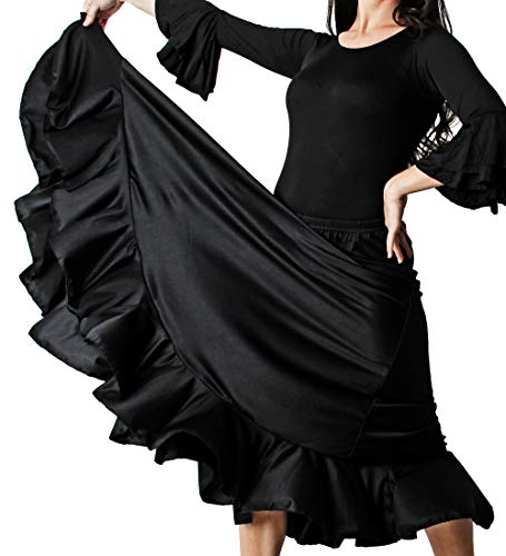 Gojoy shop- Traje Profesional de Baile Danza Flamenco o Sevillanas para Mujer de 2 Piezas (Contiene Body con Doble Volantes en Manga y Falda con Un Volante Liso (XL, Negro)