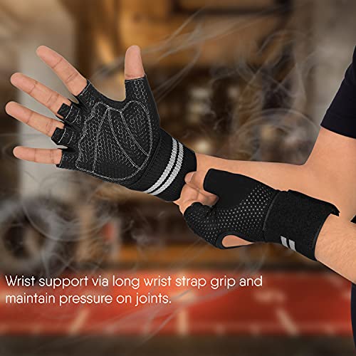 Guantes de levantamiento de pesas gimnasio, entrenamiento fitness muñequera de apoyo hombre y mujere guantes sin dedos pantalla táctil dedo completo acolchado antideslizante (tinta negra, M)