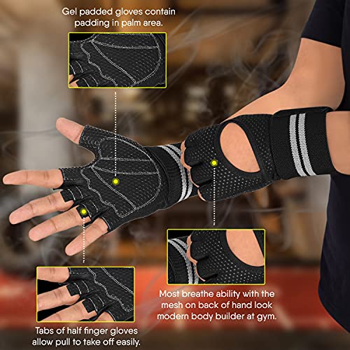 Guantes de levantamiento de pesas gimnasio, entrenamiento fitness muñequera de apoyo hombre y mujere guantes sin dedos pantalla táctil dedo completo acolchado antideslizante (tinta negra, M)