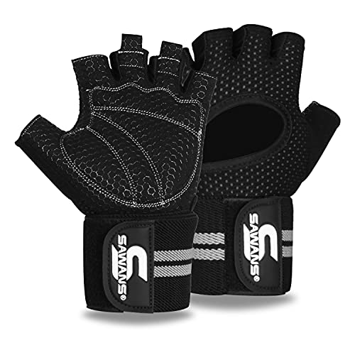 Guantes de levantamiento de pesas gimnasio, entrenamiento fitness muñequera de apoyo hombre y mujere guantes sin dedos pantalla táctil dedo completo acolchado antideslizante (tinta negra, M)