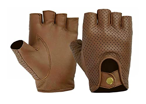 Guantes sin dedos de cuero de conducción para hombre, para ciclismo, silla de ruedas, motocicleta, gimnasio, guantes, canela, M