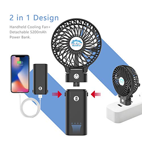 HandFan Mini Ventilador Portátil con Pilas 5200mAh Banco de alimentación Ventilador de Mano Personal 3 Velocidades/Tiempo de Trabajo 5-20H para el hogar al Aire Libre el Recorrido Que acampa