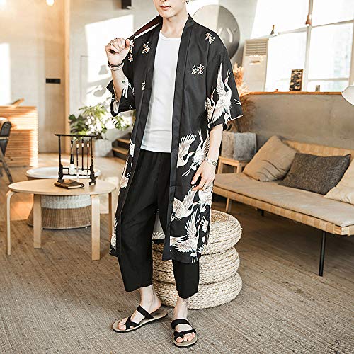 HAORUN Kimono japonés para hombre, suelto, Yukata, Outwear largo, albornoz, Negro, Medium