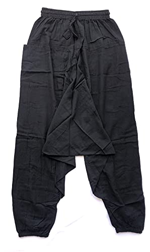 HCZ Pantalones Bombacho Hippie (Negro Liso, S/M)