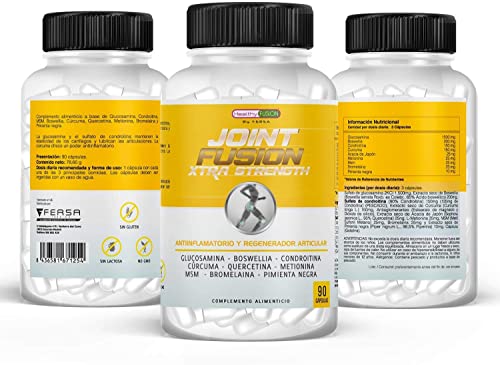 Healthy Fusion Glucosamina + Condroitina + Cúrcuma, Potente Antiinflamatorio y Analgésico, Elimina Dolores Articulares y Musculares, Fórmula Eficaz que Protege y Regenera Articulaciones, 90 Cápsulas