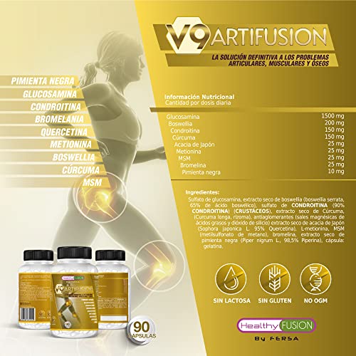 HealthyFusion by Fersa Antiinflamatorio y Analgésico, Protege y repara músculos y articulaciones, Elimina dolores y repara lesiones, Cúrcuma, Glucosamina, Condroitina, MSM, 90 Cápsulas