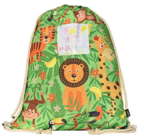 HECKBO Mochila niñas y niños con dibujos de la jungla, incluye una solapa para meter fotos y dibujos - selva - se puede lavar a máquina - 40 x 32 cm - apta para el jardín de infancia