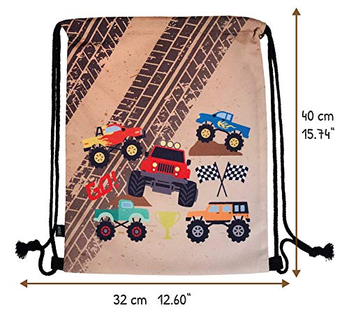 HECKBO Mochila niños - estampada (por ambos lados) con dibujos de Monster Trucks - lavable a máquina - 40 x 32cm - para el jardín de infancia, la guardería, para viajar, o para hacer deporte