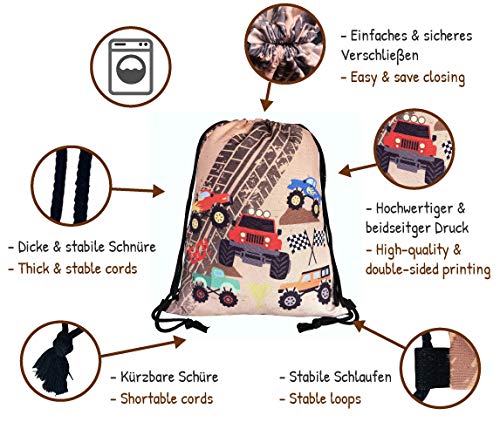 HECKBO Mochila niños - estampada (por ambos lados) con dibujos de Monster Trucks - lavable a máquina - 40 x 32cm - para el jardín de infancia, la guardería, para viajar, o para hacer deporte