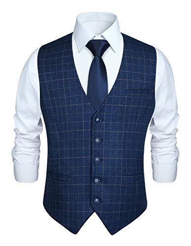 HISDERN Chaleco de traje azul marino para hombre Chaleco de vestir de fiesta de boda Chaleco de algodón a cuadros chaleco traje hombre