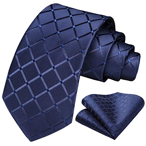 HISDERN Comprobar lazo de la boda Pa?uelo Hombres Corbata & Plaza de bolsillo Conjunto azul marino